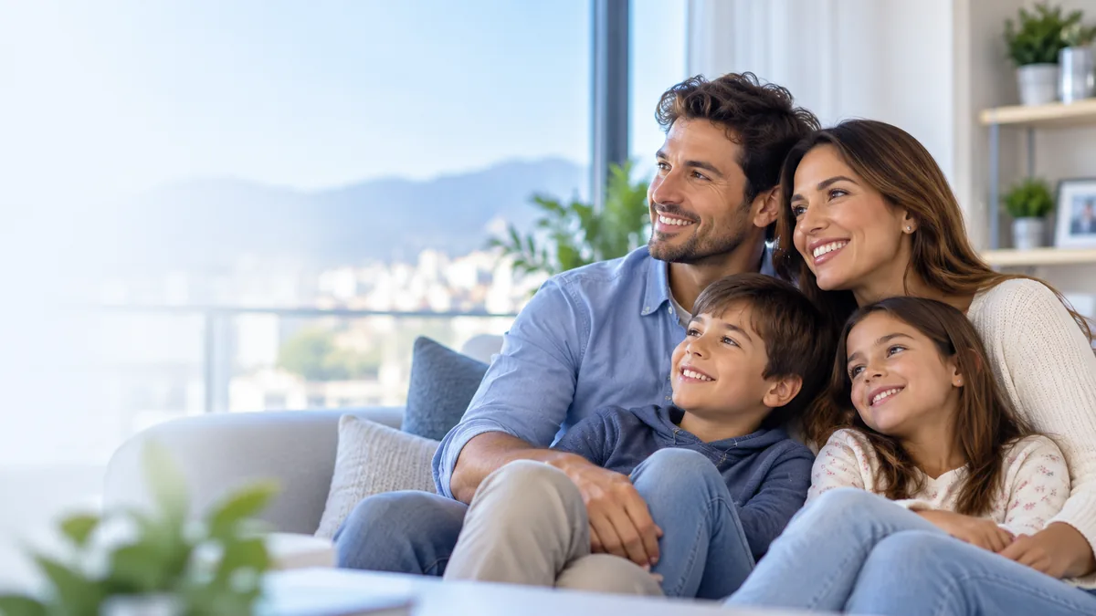 Familia sonriendo en el sofá de su hogar: una madre, un padre, un hijo y una hija miran juntos hacia adelante con tranquilidad