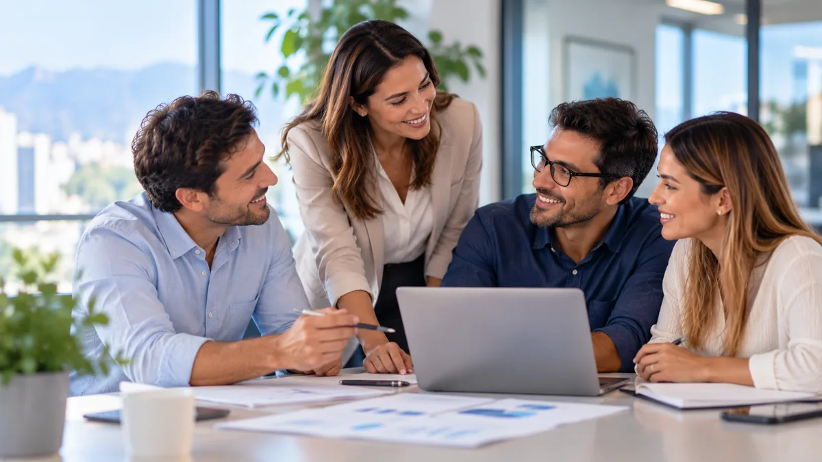 Cuatro profesionales sonrientes trabajan en equipo alrededor de un computador en una oficina moderna